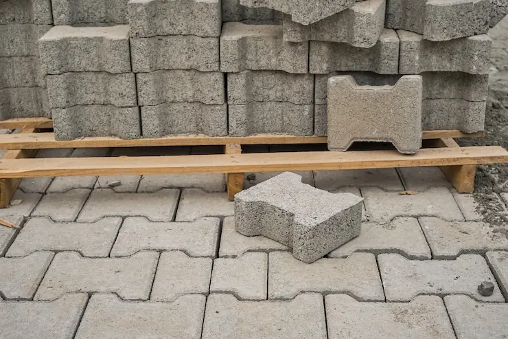 Paving blocks on a pallet beside a stretch already laid
